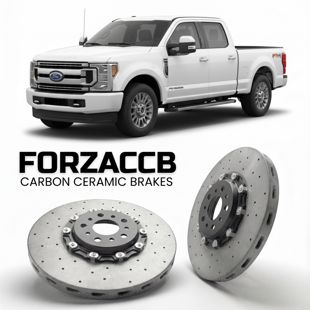 ForzaCCB direct OEM replacement carbon ceramic brake rotors for 2023 and newer Ford F-250 Super Duty V Crew Cab Long box models, shown with a white Ford F-250 Super Duty car.