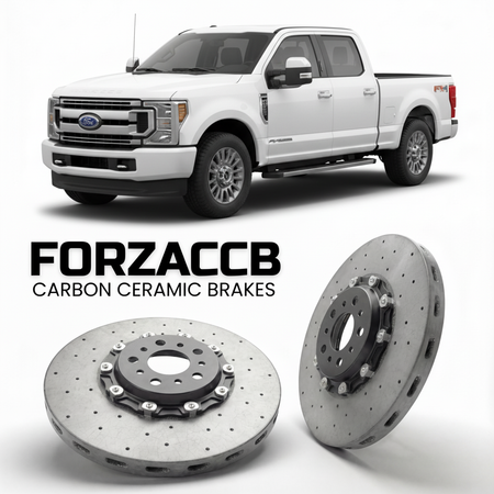 ForzaCCB direct OEM replacement carbon ceramic brake rotors for 2023 and newer Ford F-250 Super Duty V Crew Cab Long box models, shown with a white Ford F-250 Super Duty car.