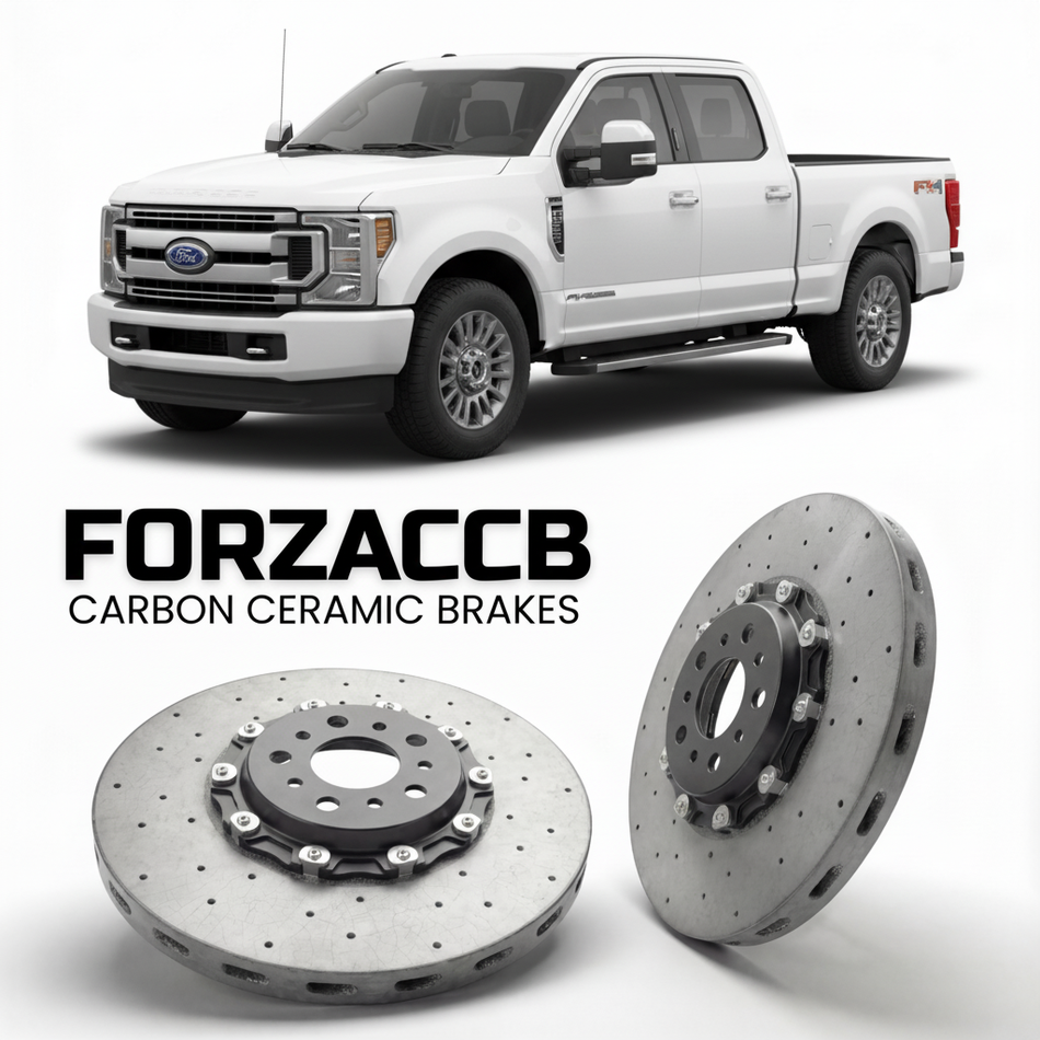 ForzaCCB direct OEM replacement carbon ceramic brake rotors for 2023 and newer Ford F-250 Super Duty V Crew Cab Long box models, shown with a white Ford F-250 Super Duty car.