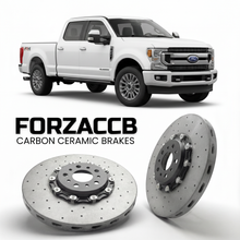ForzaCCB direct OEM replacement carbon ceramic brake rotors for 2023 and newer Ford F-250 Super Duty V Crew Cab Short box models, shown with a white Ford F-250 Super Duty car.
