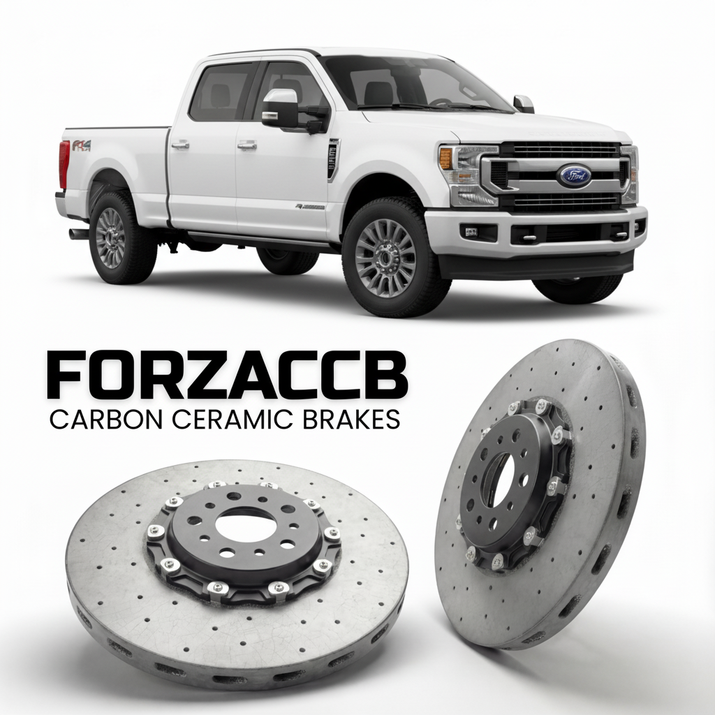 ForzaCCB direct OEM replacement carbon ceramic brake rotors for 2023 and newer Ford F-250 Super Duty V Crew Cab Short box models, shown with a white Ford F-250 Super Duty car.