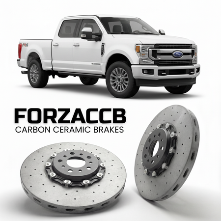 ForzaCCB direct OEM replacement carbon ceramic brake rotors for 2023 and newer Ford F-250 Super Duty V Crew Cab Short box models, shown with a white Ford F-250 Super Duty car.