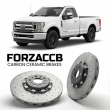 ForzaCCB direct OEM replacement carbon ceramic brake rotors for 2023 and newer Ford F-250 Super Duty V Regular Cab Long box models, shown with a white Ford F-250 Super Duty car.