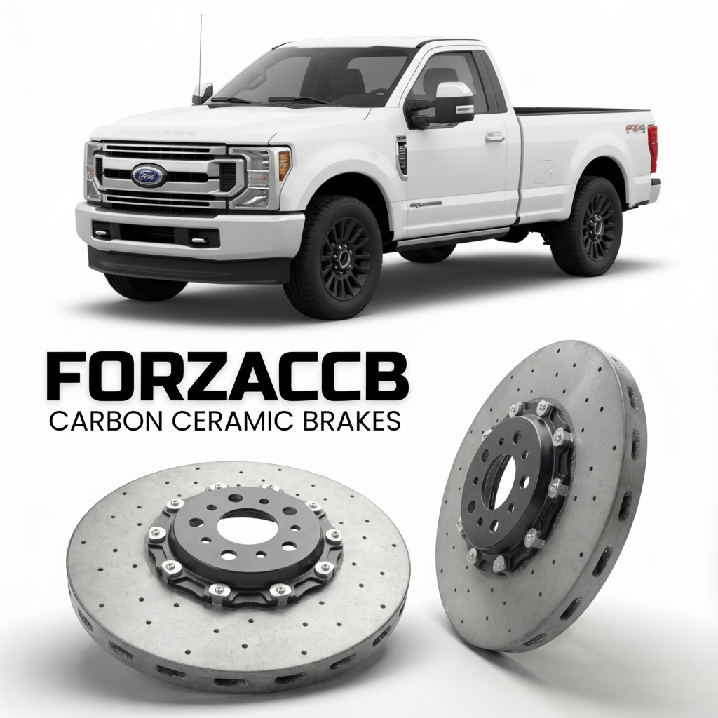 ForzaCCB direct OEM replacement carbon ceramic brake rotors for 2023 and newer Ford F-250 Super Duty V Regular Cab Long box models, shown with a white Ford F-250 Super Duty car.