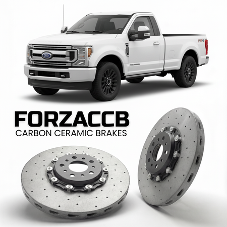 ForzaCCB direct OEM replacement carbon ceramic brake rotors for 2023 and newer Ford F-250 Super Duty V Regular Cab Long box models, shown with a white Ford F-250 Super Duty car.