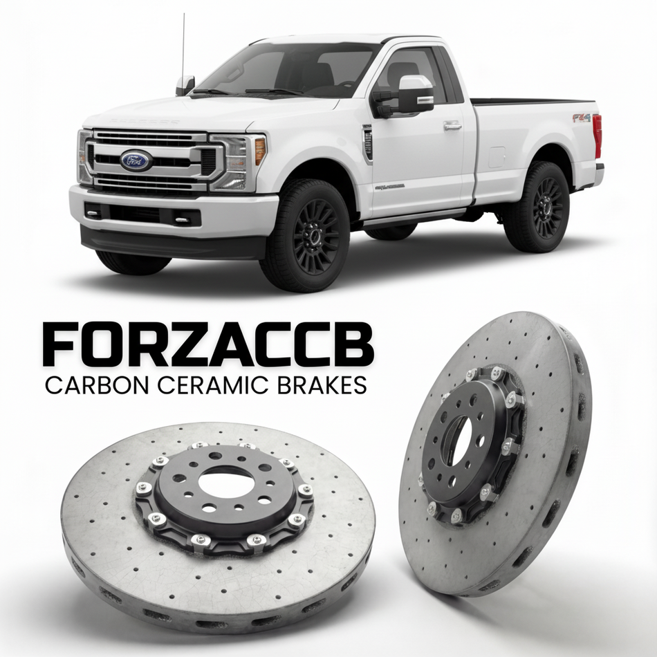 ForzaCCB direct OEM replacement carbon ceramic brake rotors for 2023 and newer Ford F-250 Super Duty V Regular Cab Long box models, shown with a white Ford F-250 Super Duty car.