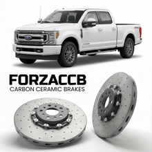 ForzaCCB direct OEM replacement carbon ceramic brake rotors for 2023 and newer Ford F-250 Super Duty V Super Cab Long box models, shown with a white Ford F-250 Super Duty car.