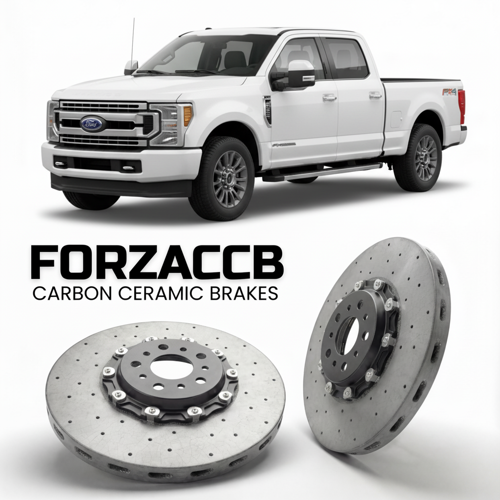 ForzaCCB direct OEM replacement carbon ceramic brake rotors for 2023 and newer Ford F-250 Super Duty V Super Cab Long box models, shown with a white Ford F-250 Super Duty car.