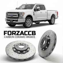 ForzaCCB direct OEM replacement carbon ceramic brake rotors for 2023 and newer Ford F-250 Super Duty V Super Cab Short box models, shown with a white Ford F-250 Super Duty car.