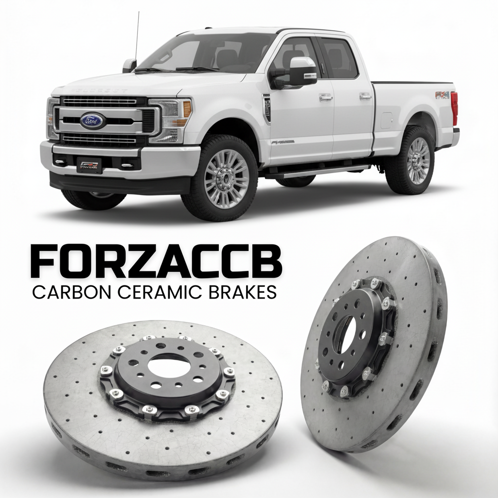 ForzaCCB direct OEM replacement carbon ceramic brake rotors for 2023 and newer Ford F-250 Super Duty V Super Cab Short box models, shown with a white Ford F-250 Super Duty car.
