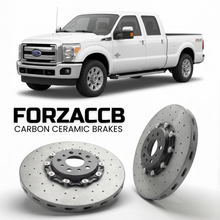 ForzaCCB direct OEM replacement carbon ceramic brake rotors for 2011 to 2016 Ford F-350 Super Duty III Crew Cab Long box models, shown with a white Ford F-350 Super Duty car.