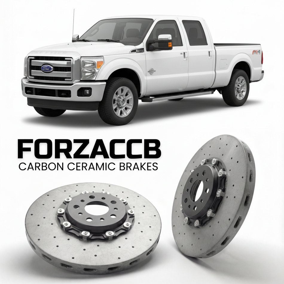 ForzaCCB direct OEM replacement carbon ceramic brake rotors for 2011 to 2016 Ford F-350 Super Duty III Crew Cab Long box models, shown with a white Ford F-350 Super Duty car.