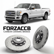 ForzaCCB direct OEM replacement carbon ceramic brake rotors for 2011 to 2016 Ford F-350 Super Duty III Crew Cab Short box models, shown with a white Ford F-350 Super Duty car.
