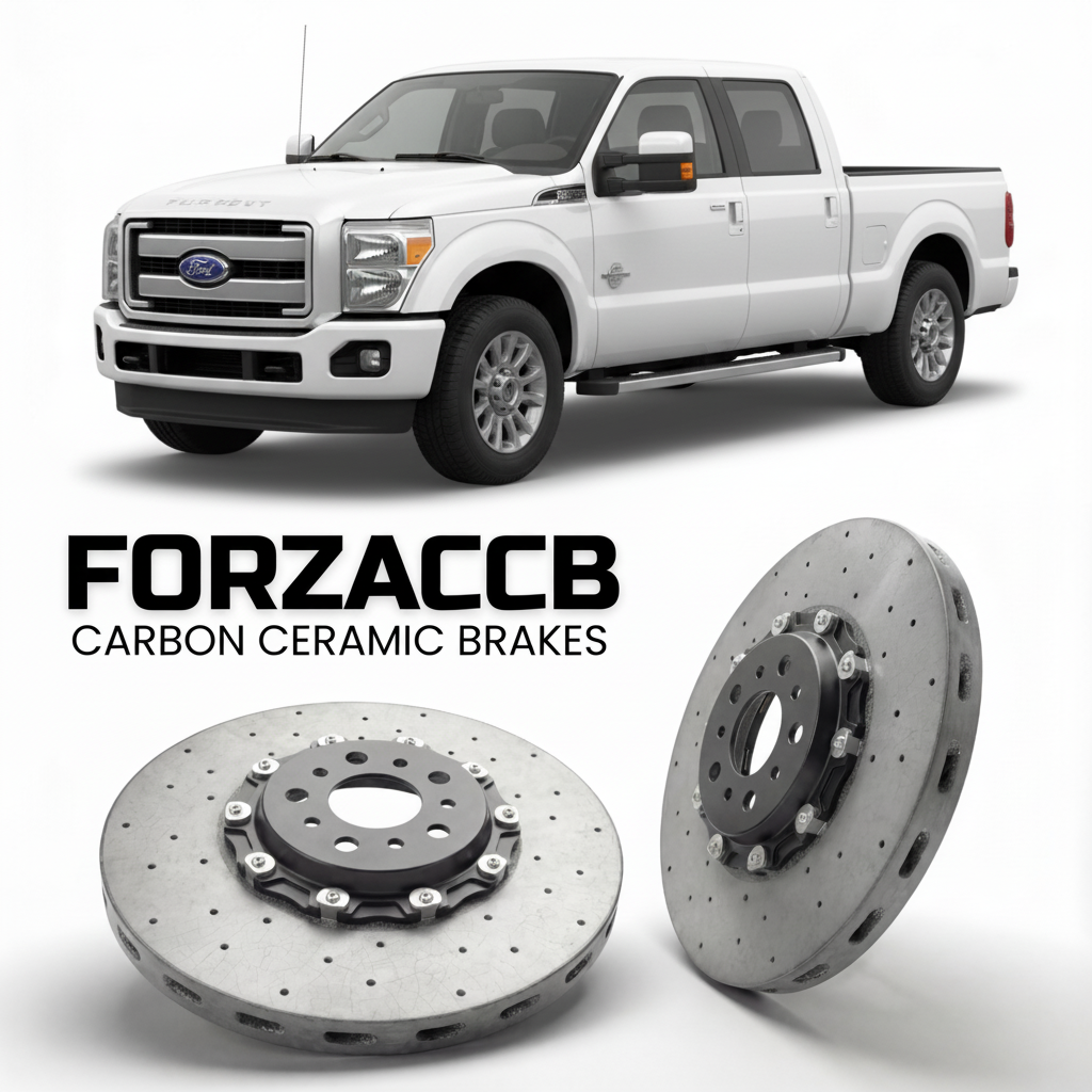 ForzaCCB direct OEM replacement carbon ceramic brake rotors for 2011 to 2016 Ford F-350 Super Duty III Crew Cab Short box models, shown with a white Ford F-350 Super Duty car.
