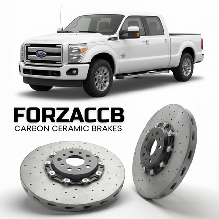 ForzaCCB direct OEM replacement carbon ceramic brake rotors for 2011 to 2016 Ford F-350 Super Duty III Crew Cab Short box models, shown with a white Ford F-350 Super Duty car.