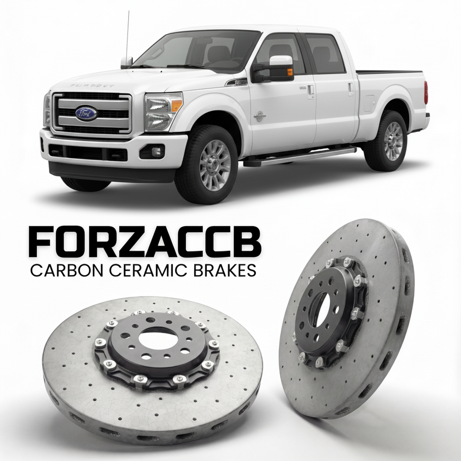 ForzaCCB direct OEM replacement carbon ceramic brake rotors for 2011 to 2016 Ford F-350 Super Duty III Crew Cab Short box models, shown with a white Ford F-350 Super Duty car.