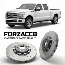 ForzaCCB direct OEM replacement carbon ceramic brake rotors for 2011 to 2016 Ford F-350 Super Duty III Regular Cab Long box models, shown with a white Ford F-350 Super Duty car.