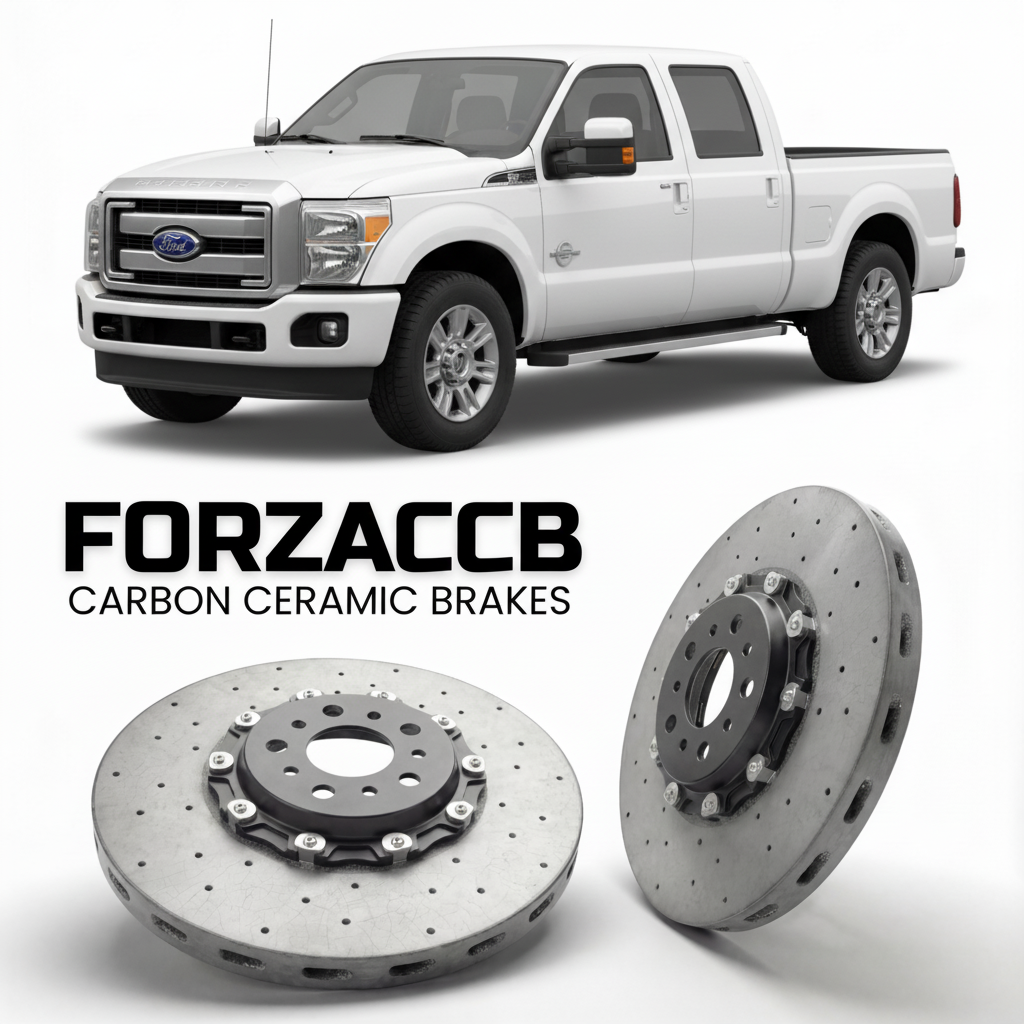ForzaCCB direct OEM replacement carbon ceramic brake rotors for 2011 to 2016 Ford F-350 Super Duty III Regular Cab Long box models, shown with a white Ford F-350 Super Duty car.