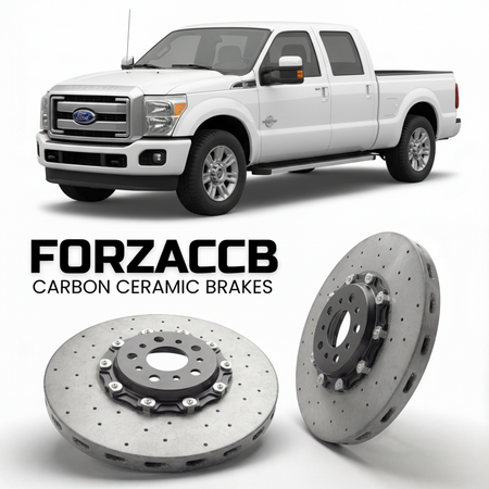 ForzaCCB direct OEM replacement carbon ceramic brake rotors for 2011 to 2016 Ford F-350 Super Duty III Regular Cab Long box models, shown with a white Ford F-350 Super Duty car.