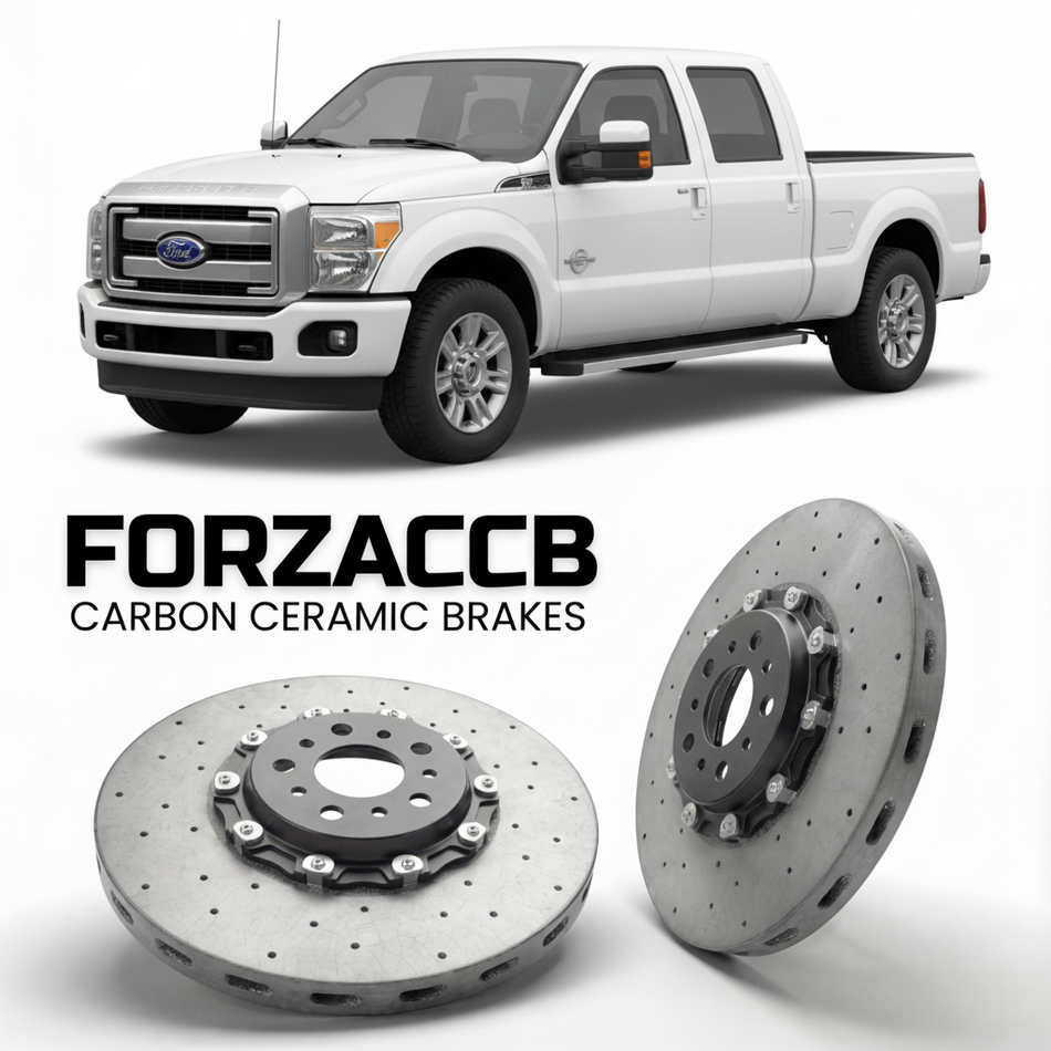 ForzaCCB direct OEM replacement carbon ceramic brake rotors for 2011 to 2016 Ford F-350 Super Duty III Regular Cab Long box models, shown with a white Ford F-350 Super Duty car.
