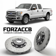 ForzaCCB direct OEM replacement carbon ceramic brake rotors for 2011 to 2016 Ford F-350 Super Duty III Super Cab Long box models, shown with a white Ford F-350 Super Duty car.