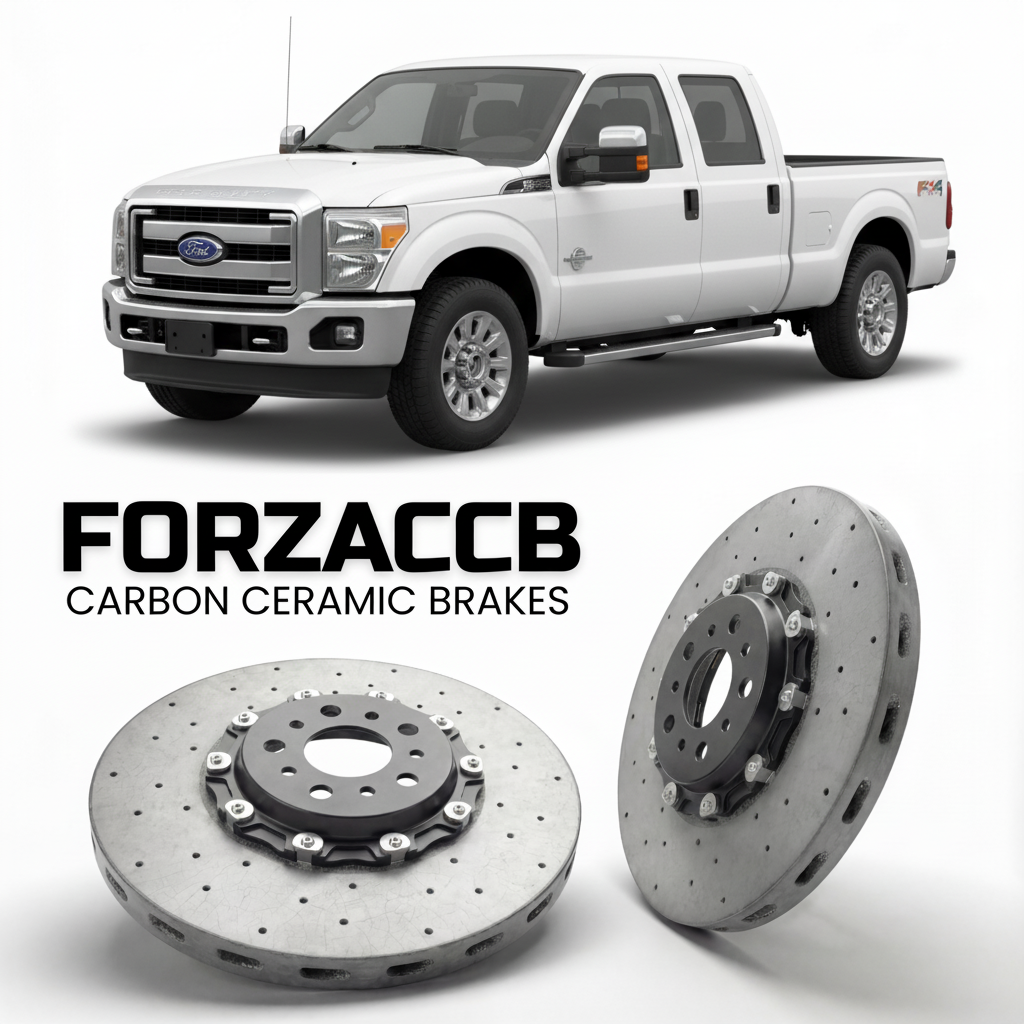 ForzaCCB direct OEM replacement carbon ceramic brake rotors for 2011 to 2016 Ford F-350 Super Duty III Super Cab Long box models, shown with a white Ford F-350 Super Duty car.