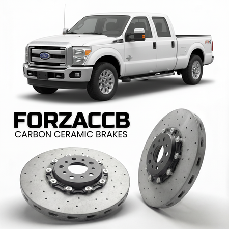 ForzaCCB direct OEM replacement carbon ceramic brake rotors for 2011 to 2016 Ford F-350 Super Duty III Super Cab Long box models, shown with a white Ford F-350 Super Duty car.