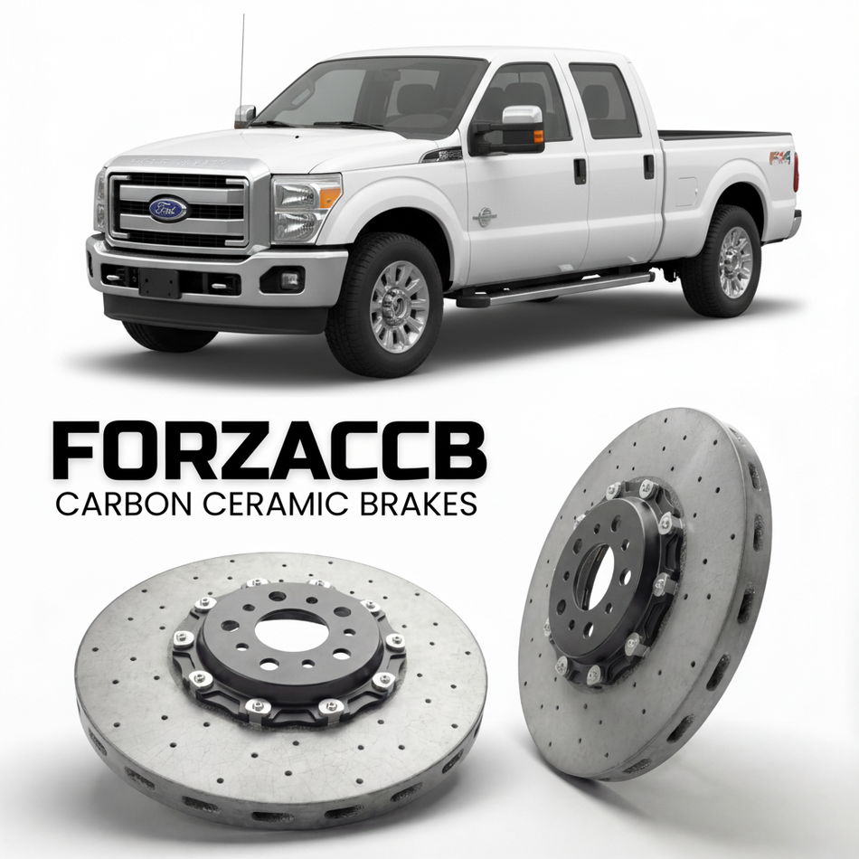ForzaCCB direct OEM replacement carbon ceramic brake rotors for 2011 to 2016 Ford F-350 Super Duty III Super Cab Long box models, shown with a white Ford F-350 Super Duty car.