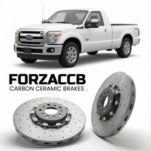 ForzaCCB direct OEM replacement carbon ceramic brake rotors for 2011 to 2016 Ford F-350 Super Duty III Super Cab Short box models, shown with a white Ford F-350 Super Duty car.