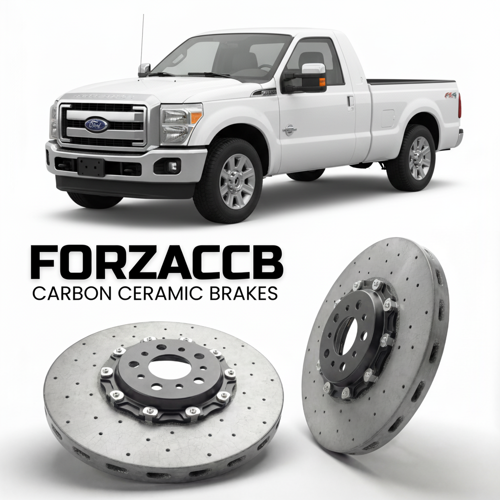 ForzaCCB direct OEM replacement carbon ceramic brake rotors for 2011 to 2016 Ford F-350 Super Duty III Super Cab Short box models, shown with a white Ford F-350 Super Duty car.