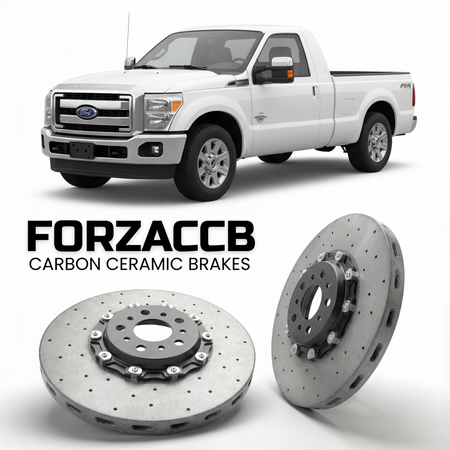 ForzaCCB direct OEM replacement carbon ceramic brake rotors for 2011 to 2016 Ford F-350 Super Duty III Super Cab Short box models, shown with a white Ford F-350 Super Duty car.