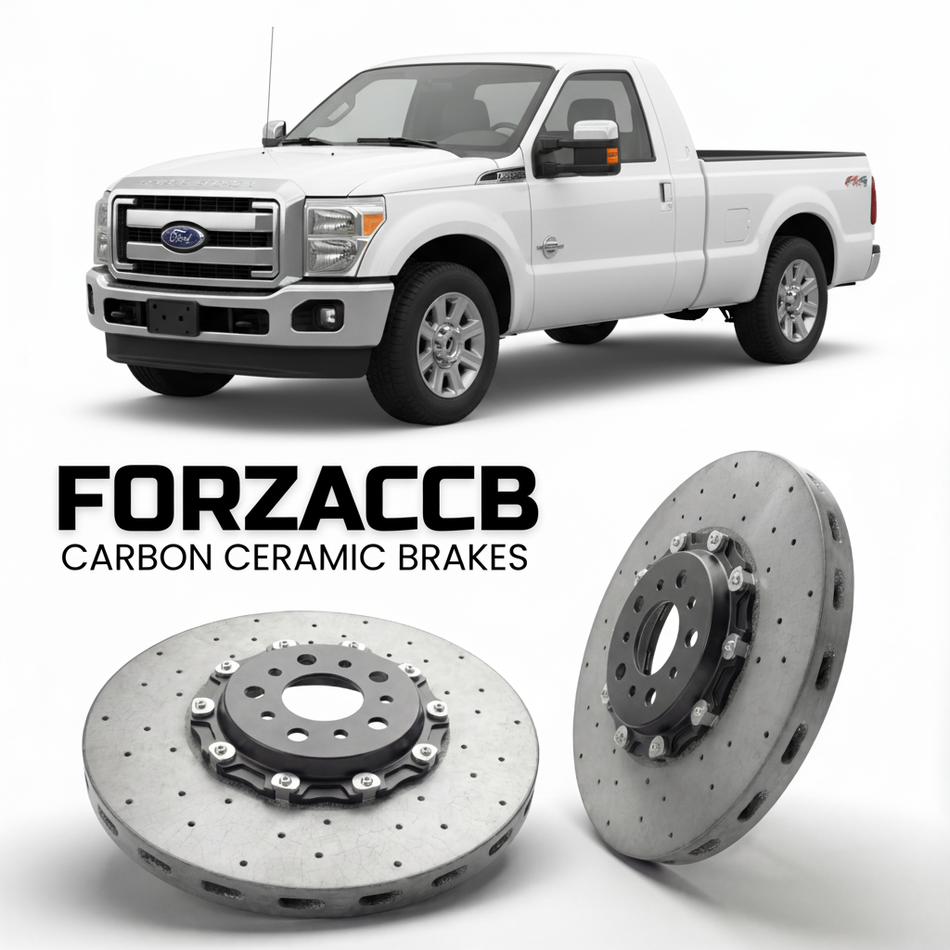 ForzaCCB direct OEM replacement carbon ceramic brake rotors for 2011 to 2016 Ford F-350 Super Duty III Super Cab Short box models, shown with a white Ford F-350 Super Duty car.