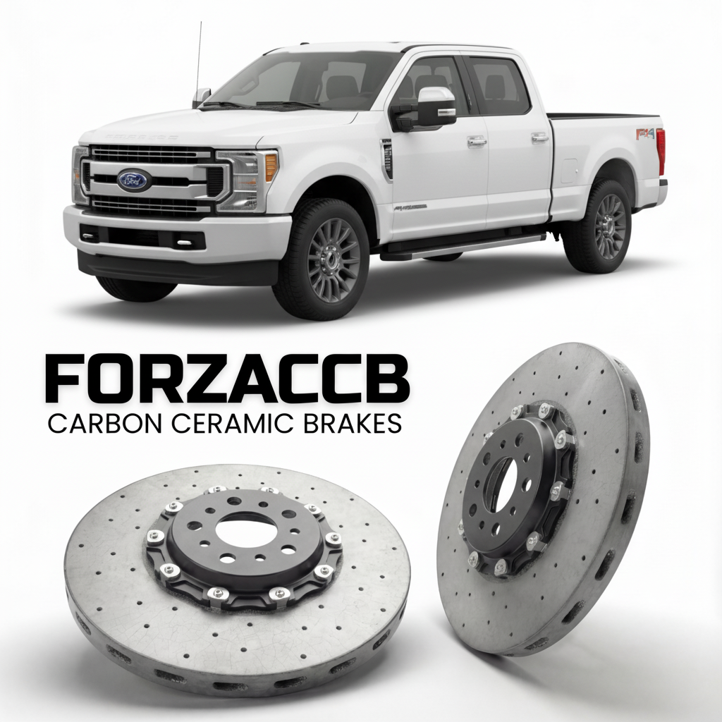 ForzaCCB direct OEM replacement carbon ceramic brake rotors for 2017 to 2019 Ford F-350 Super Duty IV Crew Cab Long box models, shown with a white Ford F-350 Super Duty car.