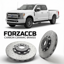 ForzaCCB direct OEM replacement carbon ceramic brake rotors for 2017 to 2019 Ford F-350 Super Duty IV Crew Cab Long box models, shown with a white Ford F-350 Super Duty car.