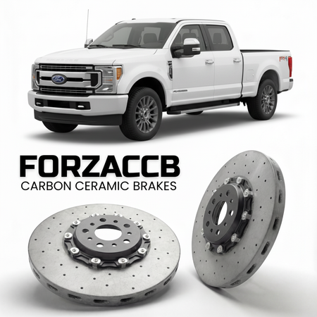ForzaCCB direct OEM replacement carbon ceramic brake rotors for 2017 to 2019 Ford F-350 Super Duty IV Crew Cab Long box models, shown with a white Ford F-350 Super Duty car.
