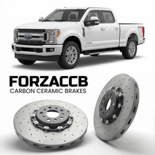 ForzaCCB direct OEM replacement carbon ceramic brake rotors for 2017 to 2019 Ford F-350 Super Duty IV Crew Cab Short box models, shown with a white Ford F-350 Super Duty car.