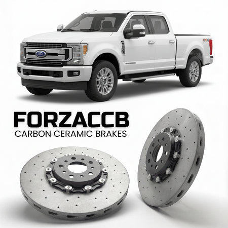 ForzaCCB direct OEM replacement carbon ceramic brake rotors for 2017 to 2019 Ford F-350 Super Duty IV Crew Cab Short box models, shown with a white Ford F-350 Super Duty car.