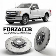 ForzaCCB direct OEM replacement carbon ceramic brake rotors for 2017 to 2019 Ford F-350 Super Duty IV Regular Cab Long box models, shown with a white Ford F-350 Super Duty car.