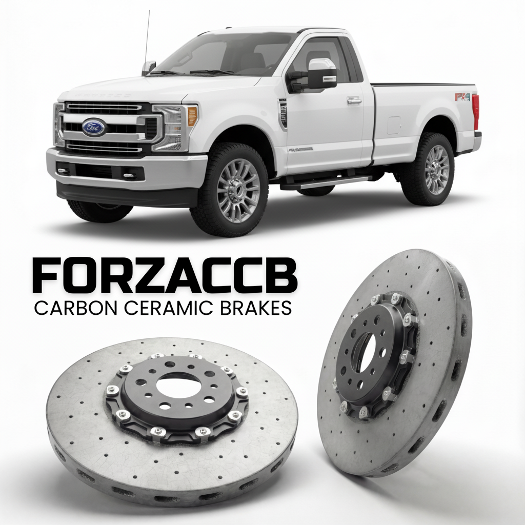 ForzaCCB direct OEM replacement carbon ceramic brake rotors for 2017 to 2019 Ford F-350 Super Duty IV Regular Cab Long box models, shown with a white Ford F-350 Super Duty car.