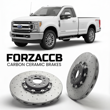ForzaCCB direct OEM replacement carbon ceramic brake rotors for 2017 to 2019 Ford F-350 Super Duty IV Regular Cab Long box models, shown with a white Ford F-350 Super Duty car.