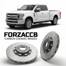 ForzaCCB direct OEM replacement carbon ceramic brake rotors for 2017 to 2019 Ford F-350 Super Duty IV Super Cab Long box models, shown with a white Ford F-350 Super Duty car.