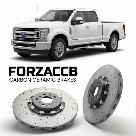 ForzaCCB direct OEM replacement carbon ceramic brake rotors for 2017 to 2019 Ford F-350 Super Duty IV Super Cab Long box models, shown with a white Ford F-350 Super Duty car.