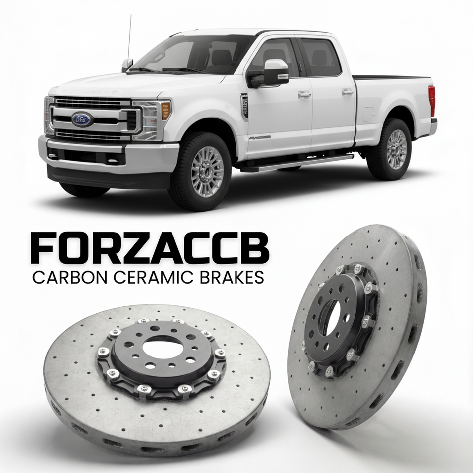 ForzaCCB direct OEM replacement carbon ceramic brake rotors for 2017 to 2019 Ford F-350 Super Duty IV Super Cab Long box models, shown with a white Ford F-350 Super Duty car.