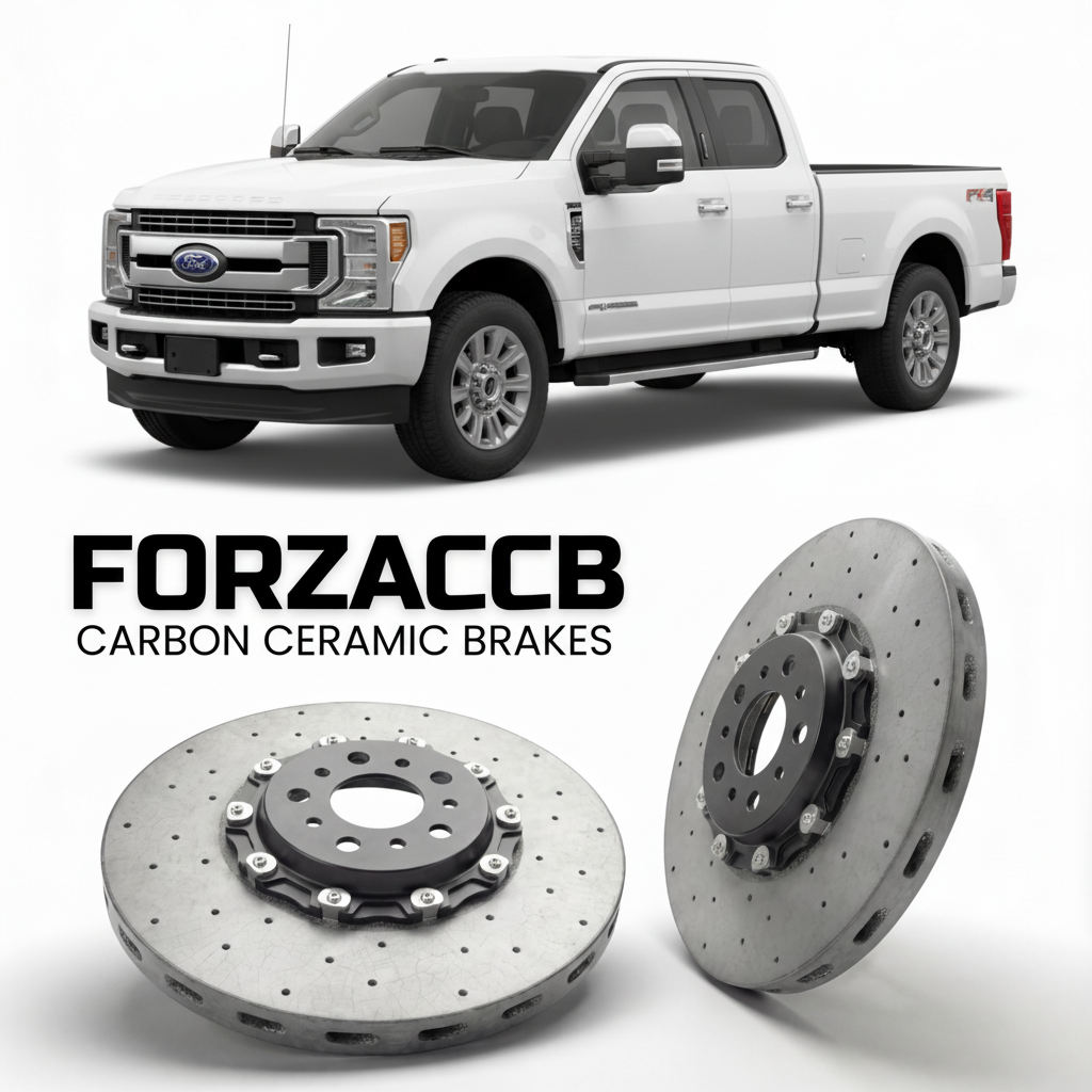 ForzaCCB direct OEM replacement carbon ceramic brake rotors for 2017 to 2019 Ford F-350 Super Duty IV Super Cab Short box models, shown with a white Ford F-350 Super Duty car.