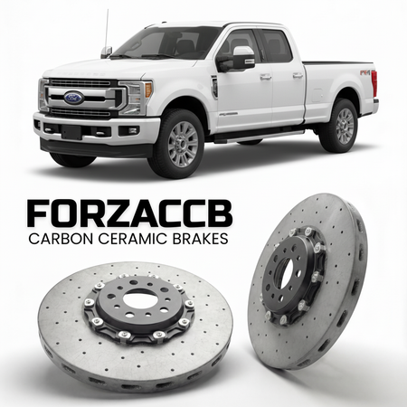 ForzaCCB direct OEM replacement carbon ceramic brake rotors for 2017 to 2019 Ford F-350 Super Duty IV Super Cab Short box models, shown with a white Ford F-350 Super Duty car.