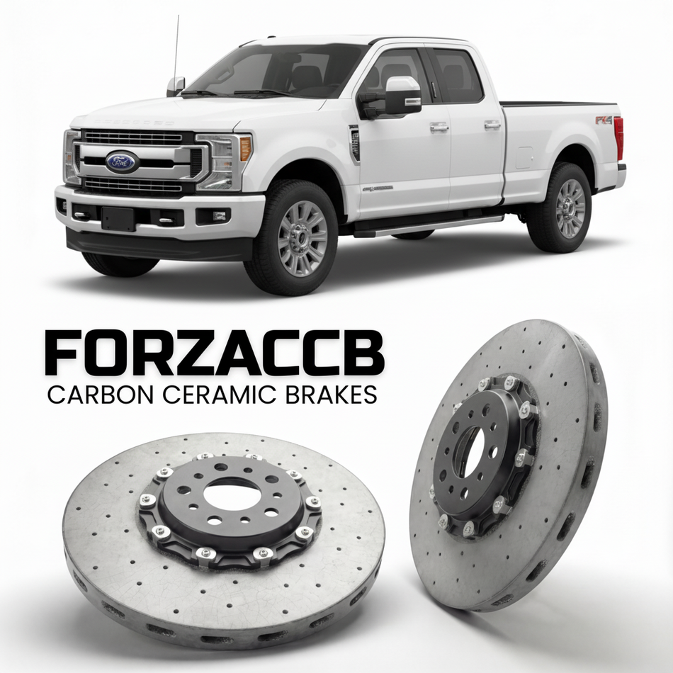 ForzaCCB direct OEM replacement carbon ceramic brake rotors for 2017 to 2019 Ford F-350 Super Duty IV Super Cab Short box models, shown with a white Ford F-350 Super Duty car.