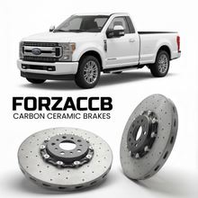 ForzaCCB direct OEM replacement carbon ceramic brake rotors for 2020-2022 Regular Cab Long box) Ford F-350 Super Duty IV (facelift 2020 models, shown with a white Ford F-350 Super Duty car.