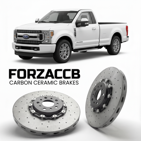 ForzaCCB direct OEM replacement carbon ceramic brake rotors for 2020-2022 Regular Cab Long box) Ford F-350 Super Duty IV (facelift 2020 models, shown with a white Ford F-350 Super Duty car.