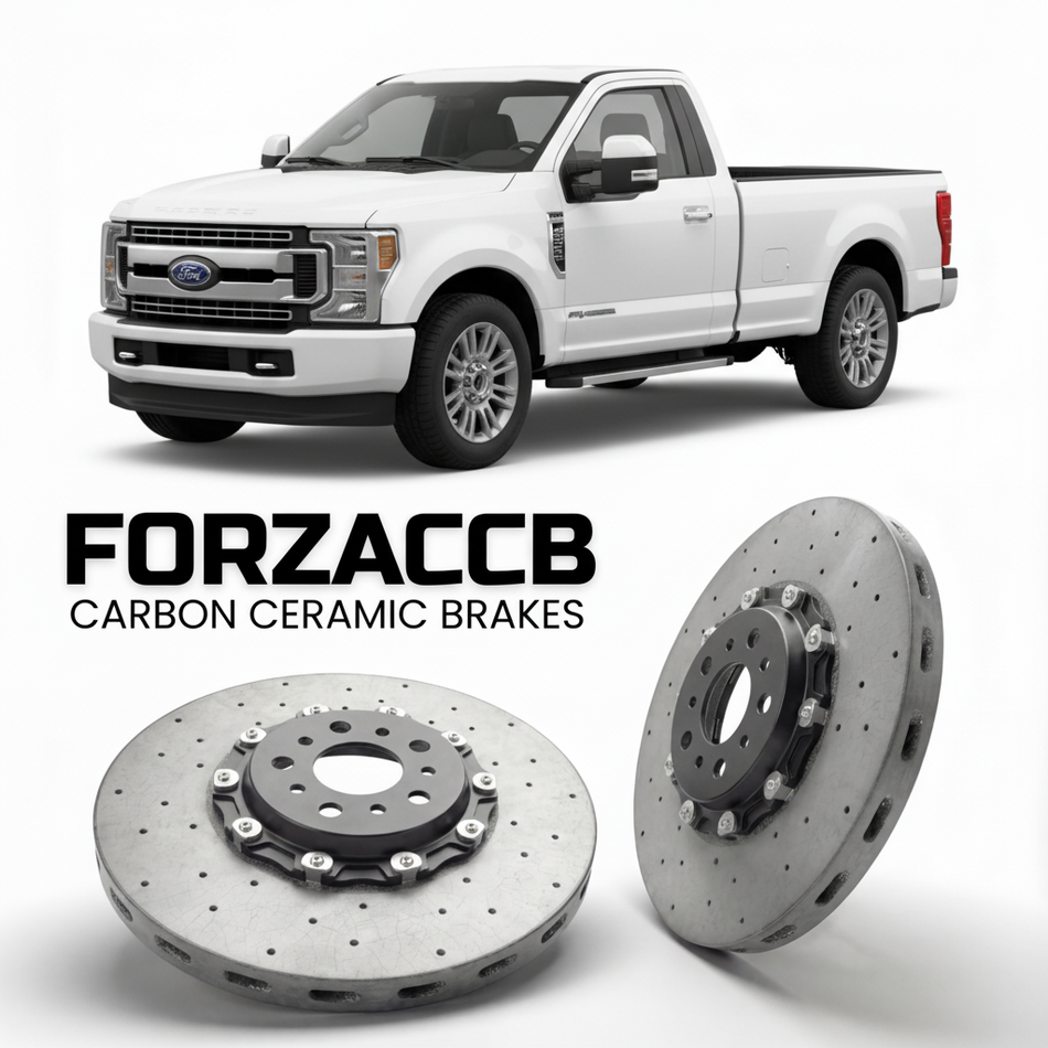 ForzaCCB direct OEM replacement carbon ceramic brake rotors for 2020-2022 Regular Cab Long box) Ford F-350 Super Duty IV (facelift 2020 models, shown with a white Ford F-350 Super Duty car.