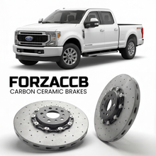 ForzaCCB direct OEM replacement carbon ceramic brake rotors for 2023 and newer Ford F-350 Super Duty V Crew Cab Long box models, shown with a white Ford F-350 Super Duty car.